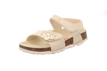 Gullfarget Superfit Fussbettpantoffel barnesandal med blomsterdetalj og anatomisk fotseng.