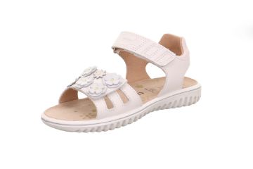 Hvit Superfit Sparkle barnesandal i skinn med blomsterdetaljer og praktisk borrelåslukking