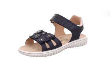 Blå Superfit Sparkle barnesandal i skinn med blomsterdetaljer og praktisk borrelåslukking.