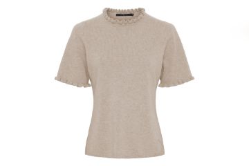 BTFCPH cream melange strikket t-skjorte til dame i cashmere og merinoull med feminine volangdetaljer ved hals og ermer.