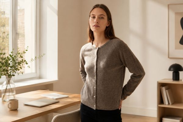 BTF EVA Cashmere Cardigan i ash brown melange til dame med knappelukking og myk cashmere- og merinoullkvalitet.