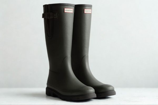 Hunter Downpour Adjustable gummistøvel i dark oliven til dame og herre med høyt skaft, justerbar spenne og vanntett design.