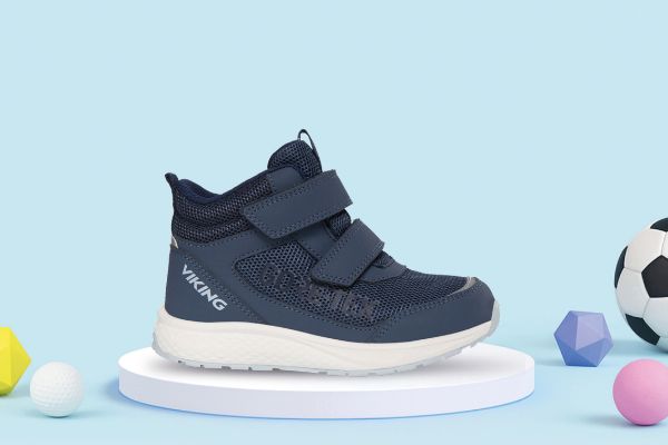 Viking Bouncy Mid GORE-TEX blå vanntett ankelhøy barnesko med borrelås og GORE-TEX-membran.