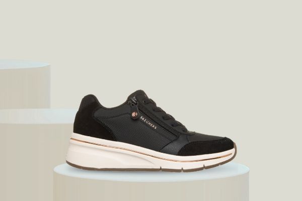Skechers Billion Flex – Luxe Up sorte sneakers til dame med skjult kilehæl, Air-Cooled Memory Foam® og glidelås.