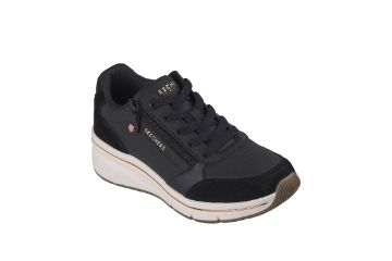 Skechers Billion Flex – Luxe Up sorte sneakers til dame med skjult kilehæl, Air-Cooled Memory Foam® og glidelås.