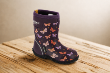 Dock Boot Butterfly lilla varm og vanntett vinterstøvel til barn i neopren med sommerfuglmønster.