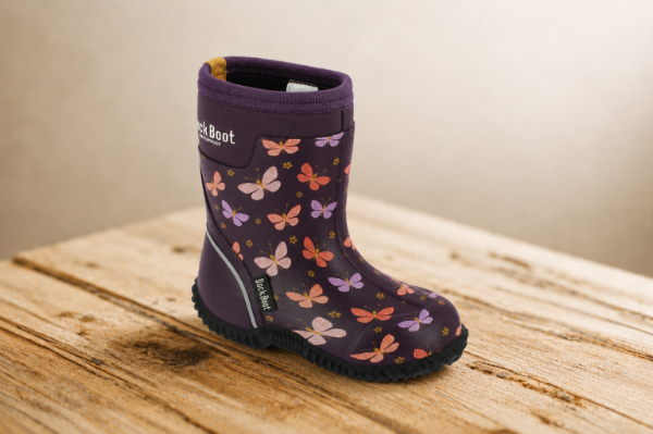 Dock Boot Butterfly lilla varm og vanntett vinterstøvel til barn i neopren med sommerfuglmønster.