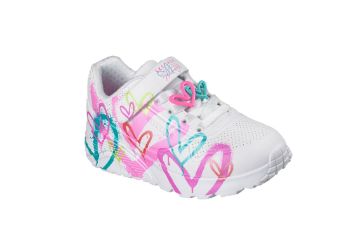 Skechers JGoldcrown Uno Lite Heart Status hvit juniorsneaker med fargerike hjerter