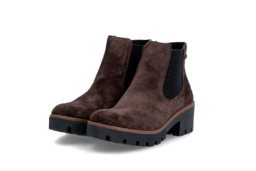 Rieker brun skolett til dame i semsket skinn med elastisk sidepanel og kraftig profilsåle