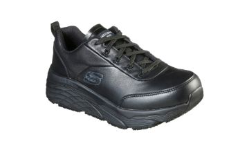 Svart Skechers Work Max Cushioning Elite SR Kajus arbeidssko til herre i skinn med snøring, Memory Foam-innersåle og sklisikker yttersåle.