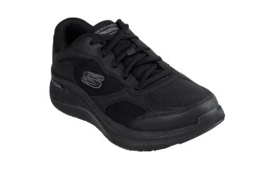 Svart Skechers Work Arch Fit SR Axtell arbeidssko til herre med pustende mesh, snøring, fotbuestøtte og sklisikker yttersåle.