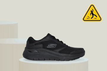 Svart Skechers Work Arch Fit SR Axtell arbeidssko til herre med pustende mesh, snøring, fotbuestøtte og sklisikker yttersåle.