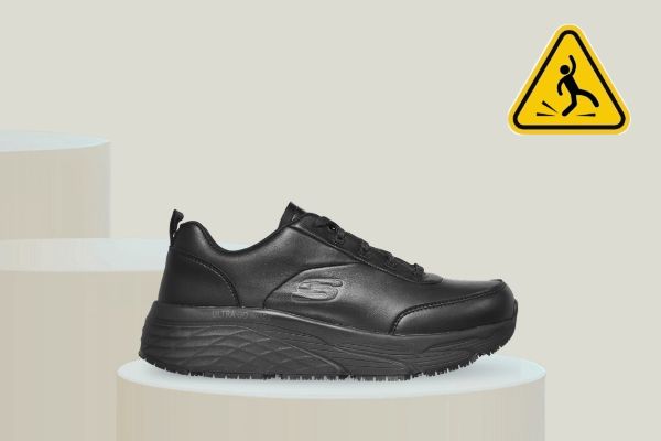 Svart Skechers Max Cushioning Elite SR Kajus arbeidssko til dame med skinnoverdel