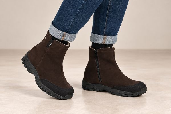 Brun Pomar ALPPI GORE-TEX Spike vinterboot til dame i semsket skinn med glidelås, varmt fôr, grovmønstret såle og vendbare brodder i hælen.