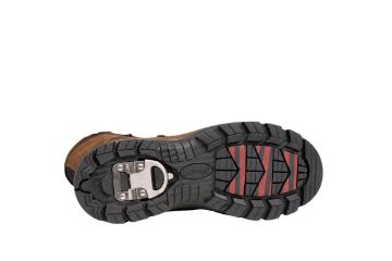 Brun Pomar ALPPI GORE-TEX Spike vinterboot til dame i semsket skinn med glidelås, varmt fôr, grovmønstret såle og vendbare brodder i hælen.