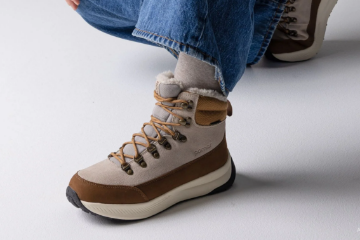Pomar HAVINA GORE-TEX vinterboot til dame i beige semsket skinn og mørkebrunt nubuckskinn med snøring, varmt fôr og grovmønstret yttersåle