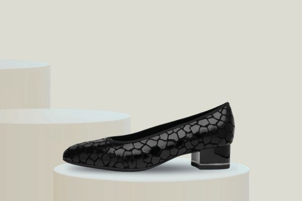 Ara Graz 12-21838-85 svart croco pumps til dame i blankt mønstret skinn, med lav blokkhæl på 3,5 cm, HighSoft komfort og vidde H.