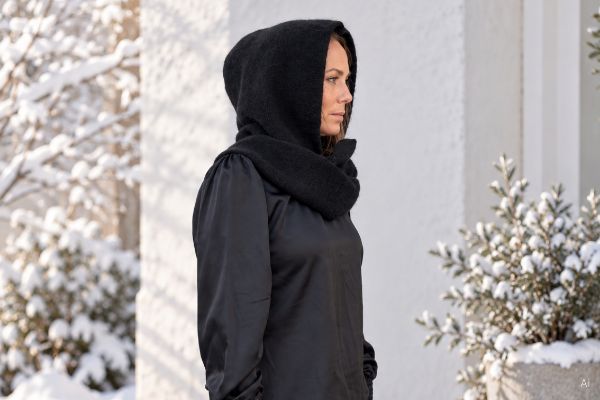 Svart Intex Scandia hetteskjerf 467210 til dame, kombinert lue og skjerf i myk kvalitet med lange skjerfende