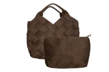 Brun flettet håndveske fra Intex Scandia, art.nr. 156019, med korte håndtak, semsket look og liten separat veske. Elegant dameveske i PU.